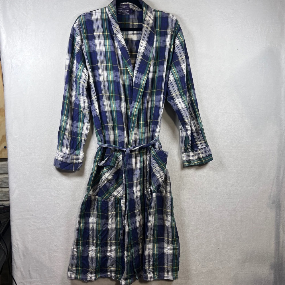 Vintage Royal Comfort Mens Plaid Robe Blue Green White Cotton Loungewear Medium‎